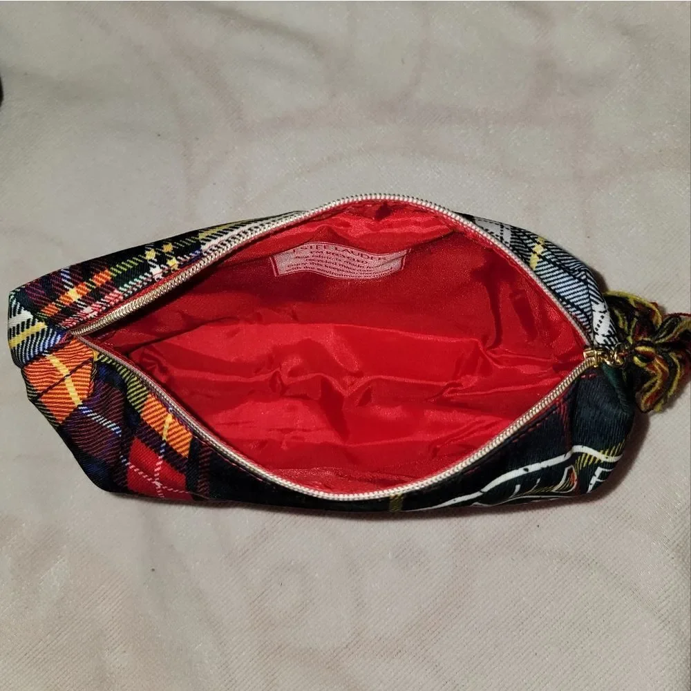 Estee Lauder Plaid Tartan Cosmetic Zipper Make Up Bag with Tassle & Big Logo
